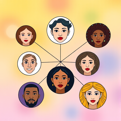 Create a vector image of a network of six diverse faces shown within circular nodes, connected by lines, using a minimalist design style with a bright and colorful background, shot with a 50mm lens at f/1.8, ISO 200, and in natural lighting.
