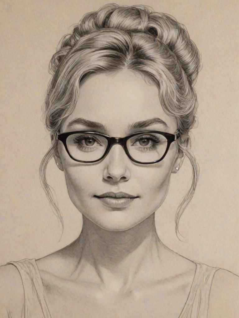 Delightful Clare Bowen, pencil sketch, portrait of Sublime woman 1963s in glasses, hair style beatnik, outline, clear lines, fine lines, 8k