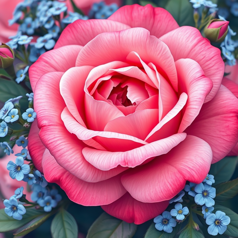 Generate a high-resolution floral illustration featuring a large pink rose with delicate blue forget-me-nots, use a Canon EOS 5D Mark IV with an aperture of f/2.8, 50mm lens, and soft focus to enhance colors and details in a vibrant, graphic style.