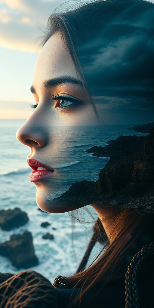 this photo is Book cover, A surreal double exposure portrait that blends a woman's face with a beautiful seascape. The overall mood is dreamy and mystical, with rich colors and intricate details