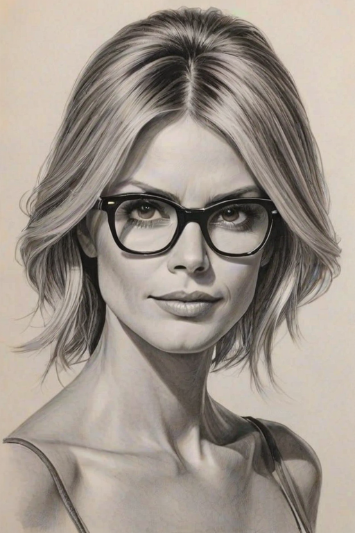 Appealing Heidi Klum, pencil sketch, portrait of Sublime woman 1963s in glasses, hair style beatnik, outline, clear lines, fine lines, 8k