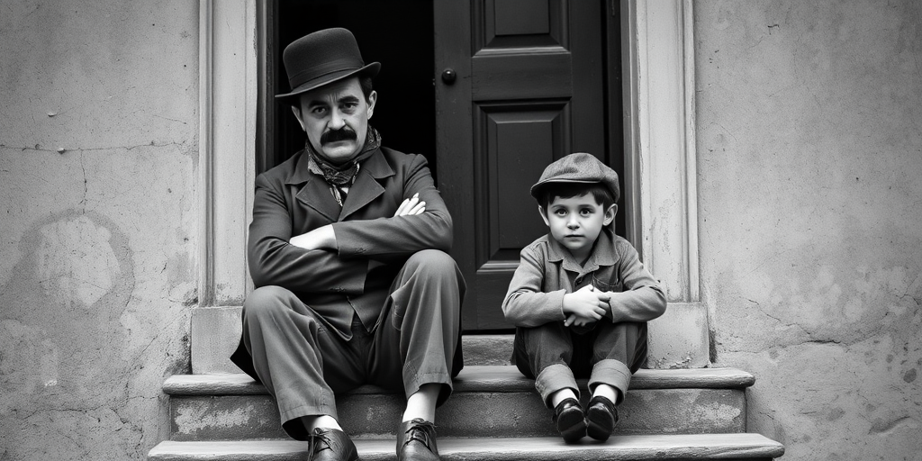 A black-and-white photograph of a man and a child sitting on steps in front of a doorway. The man is dressed as a tramp with a bowler hat, mustache, and ragged clothes, reminiscent of Charlie Chaplin's iconic look. He is sitting with his arms crossed and an expression of slight sadness or frustration. Next to him is a young boy, also in worn clothes and a cap, sitting with his hands clasped, looking thoughtful. The background is an old, textured wall and a partially open door, creating a vintage, early 20th-century atmosphere.