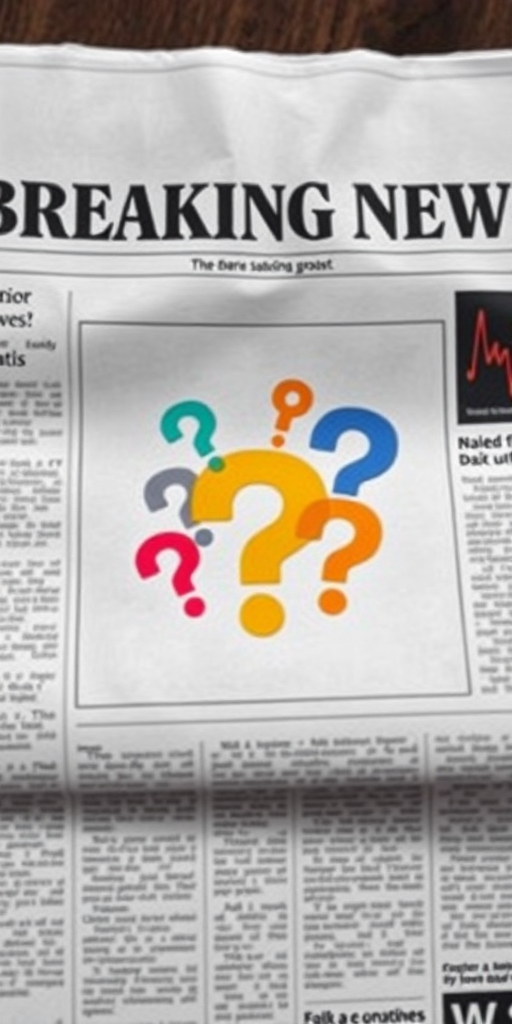 Create an image of a newspaper with a bold headline "Breaking News" at the top, featuring an eye-catching colorful graphic of question marks in the center, with a clean and modern design, taken with a Canon EOS R5, 50mm lens, f/1.8 aperture, 1/200 shutter speed, in natural light, high resolution.
