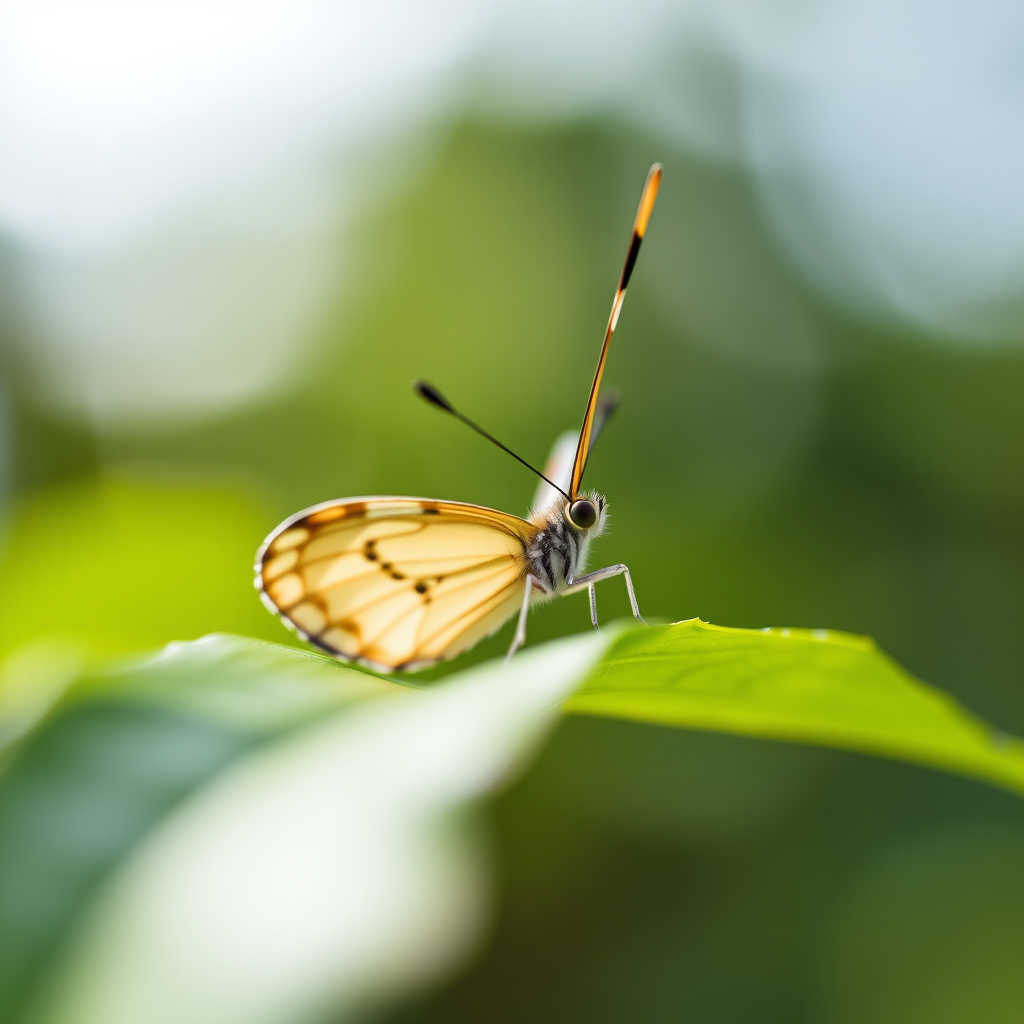 Close-up of a butterfly resting on a green leaf, shallow depth of field, soft bokeh background, natural lighting, macro lens, f/2.8, ISO 100, 1/200 sec, DSLR camera.