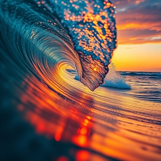 generate a vibrant ocean wave at sunset with dynamic colors and reflections, 50mm lens, f/8 aperture, ISO 200, 1/100 sec shutter speed, captured from a low angle perspective using a DSLR camera, enhance detail and saturation for an artistic effect