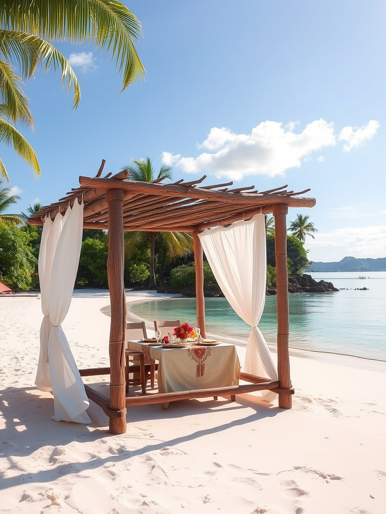 Create a picturesque tropical beach scene featuring a serene, white sandy shore. In the foreground, there's a rustic wooden canopy with white drapes gently flowing in the breeze. Underneath the canopy, a table is set with tropical decor, evoking a sense of relaxation and leisure. The beach extends into a calm, shallow water area with reflections of the sky and surroundings. Palm trees and lush greenery line the edge of the beach, providing a natural, tropical backdrop. The sky is clear with a few scattered clouds, and the overall atmosphere is tranquil and inviting, perfect for a peaceful retreat.