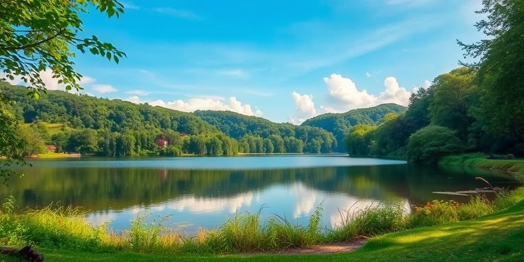 Generate a high-resolution image of a serene landscape featuring a calm lake surrounded by lush greenery, with a clear sky and soft clouds, captured from a low angle using a DSLR camera with a 50mm lens, aperture set to f/8, ISO 100, and a shutter speed of 1/200 seconds.