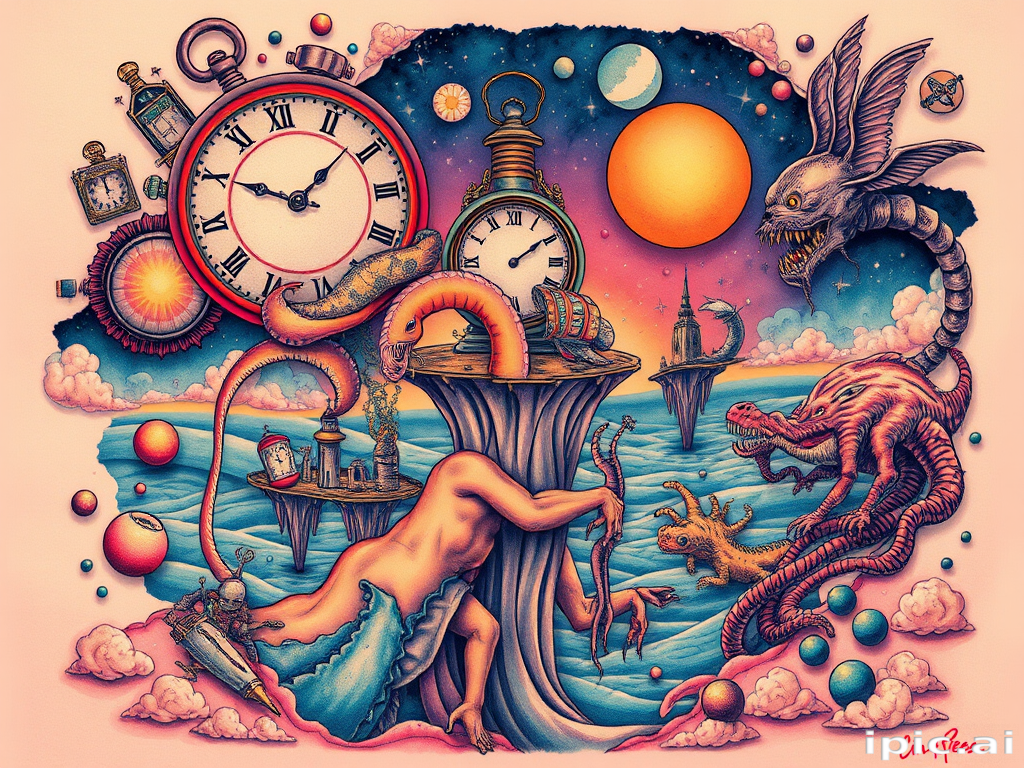 Surrealist tattoo named "Dreamscape Fusion" depicting a seamless blend of contrasting elements such as melting clocks floating islands and morphing creatures in a mind-bending technicolor landscape