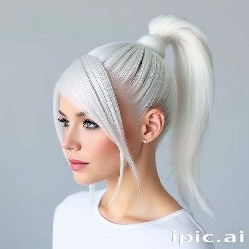 Icy white hair styled in a sleek, high ponytail called "Arctic Queen," features a glass-like shine and razor-sharp edges, with baby hairs artfully laid to frame the face, exuding an air of regal elegance and modern sophistication