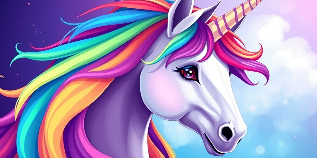 Create a vibrant and colorful illustration of a unicorn with a flowing rainbow mane and a serene expression, using a high-resolution digital camera with a 50mm lens, f/1.8 aperture, ISO 100, natural lighting, and a close-up view.