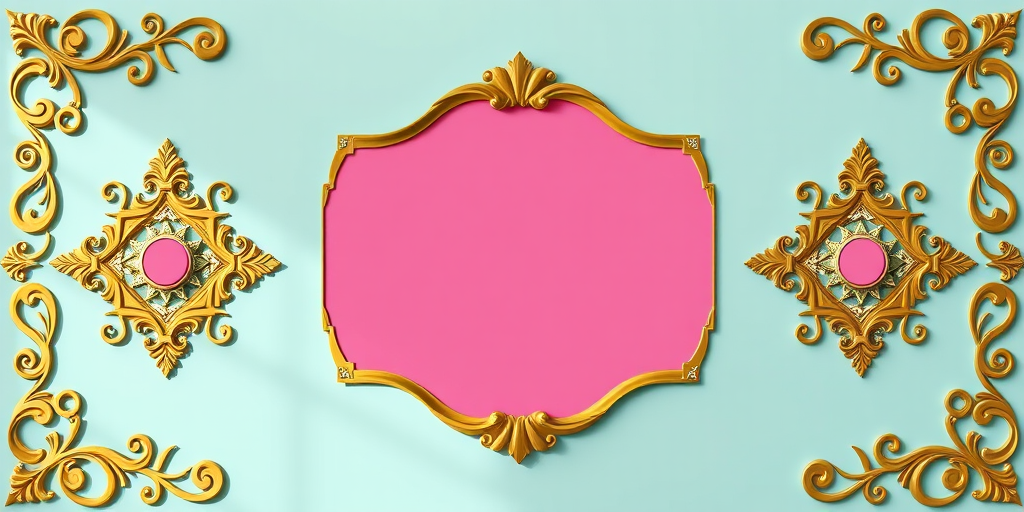Generate an elegant, colorful graphic design featuring ornate golden frames with a vibrant pink center, using a DSLR camera with a 50mm lens, f/1.8 aperture, ISO 100, in soft natural lighting and a shallow depth of field to enhance image quality.