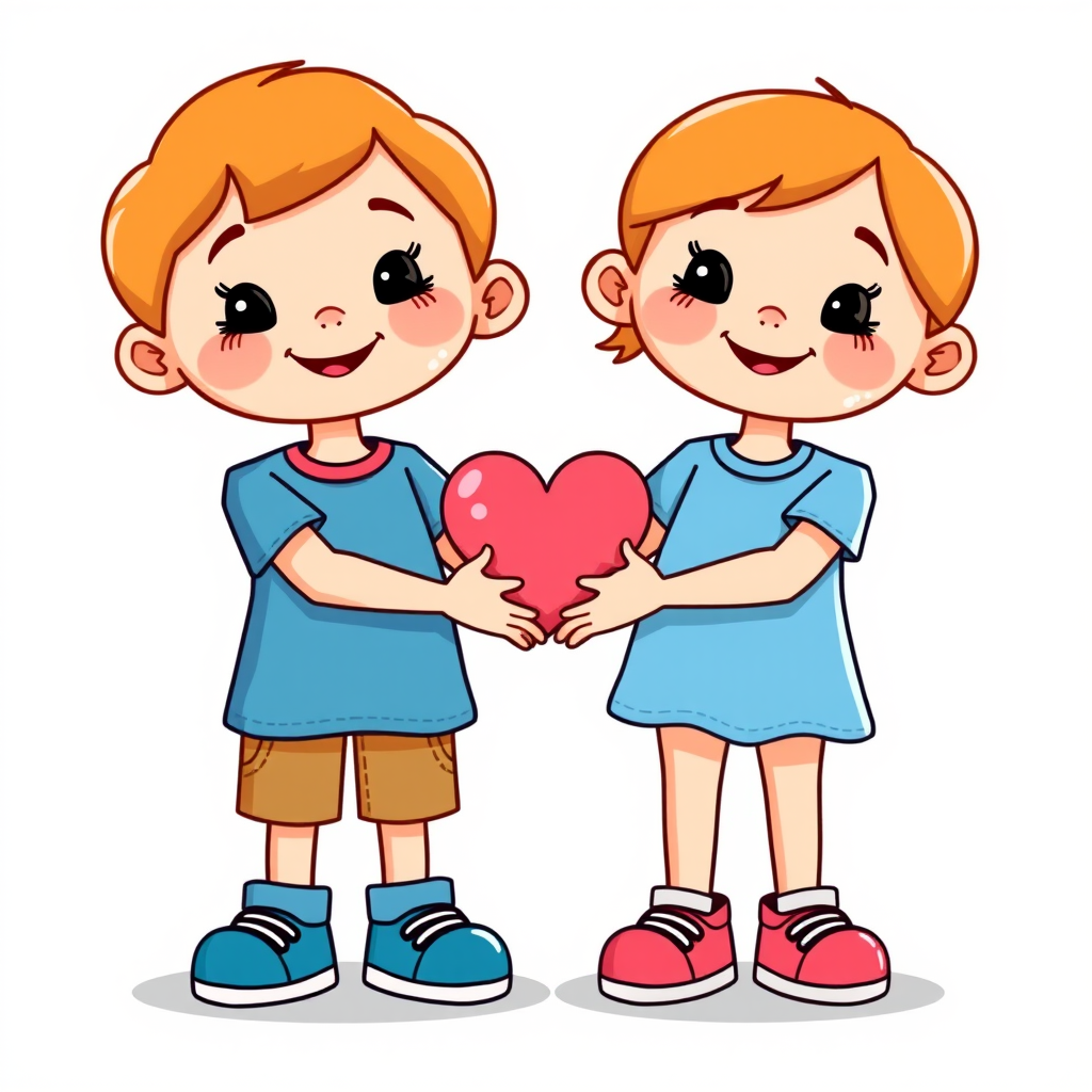 Create a high-quality illustration of two cartoon children holding hands with a heart symbol between them, using a Canon EOS 5D Mark IV, f/2.8 aperture, ISO 100, 50mm lens, front view, in a whimsical style with vibrant colors and smooth lines.
