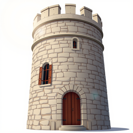 Create a high-resolution digital illustration of a medieval stone tower with a circular base and crenelated top, showcasing two small arched windows with wooden shutters and a large wooden door, captured with a DSLR camera at f/8 aperture, 50mm lens, ISO 100, in a bright, evenly lit environment to enhance details and colors.