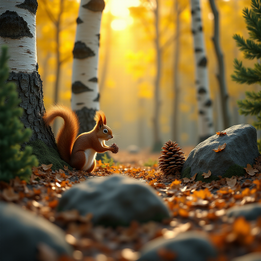 HD 8k close up of aspen trees , make the leaves have a bright but deep glowing effect, add black lines to highlight and detail the bark and leaves. The sun shines through a portion. Add some rock formations scattered throughout the forest area.  Place a squirrel close up on the rock formation. The view is eye level with the squirrel. The squirrel is cute and plump while he is trying to open a pine cone. Add a few dark green pine trees randomly.