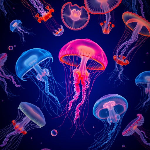 high-quality vector illustration of various jellyfish on a dark blue background, overhead view, using a Canon EOS 5D Mark IV with a 50mm lens, aperture f/2.8, ISO 100, shutter speed 1/60 sec, vibrant colors and sharp details
