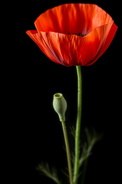 red poppy flower isolated on a black background, f/2.8 aperture, 50mm lens, soft focus, DSLR camera, high resolution, natural lighting