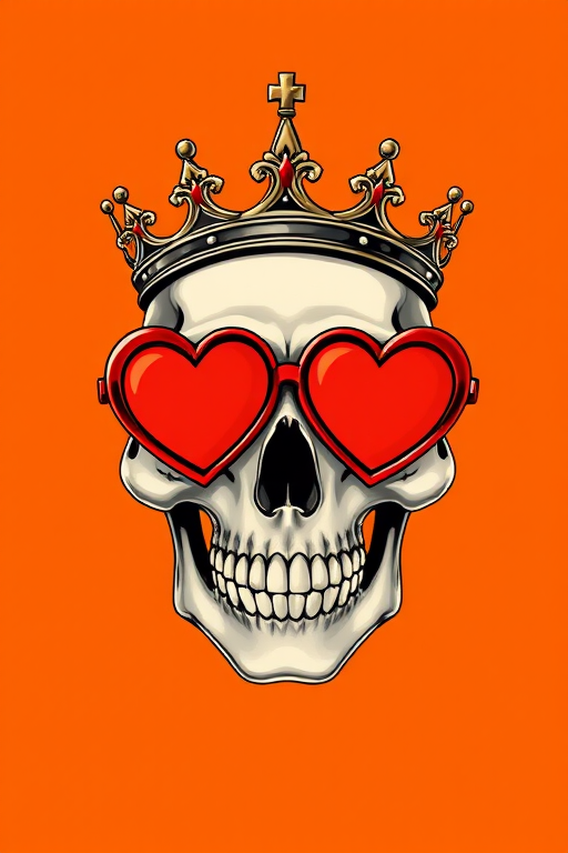 Create an illustration of a skull with a crown and heart-shaped glasses, set against a vibrant orange background, using a digital art style, high resolution 300 DPI, shot from a front view, with soft lighting to enhance details.