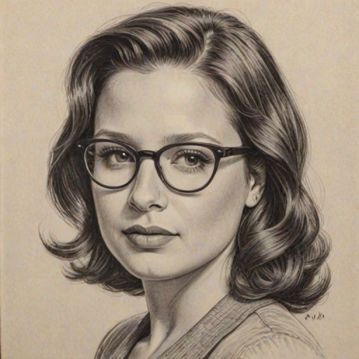 Exquisite Katie Lowes, pencil sketch, portrait of Resplendent woman 1941s in glasses, hair style beatnik, outline, clear lines, fine lines, 8k