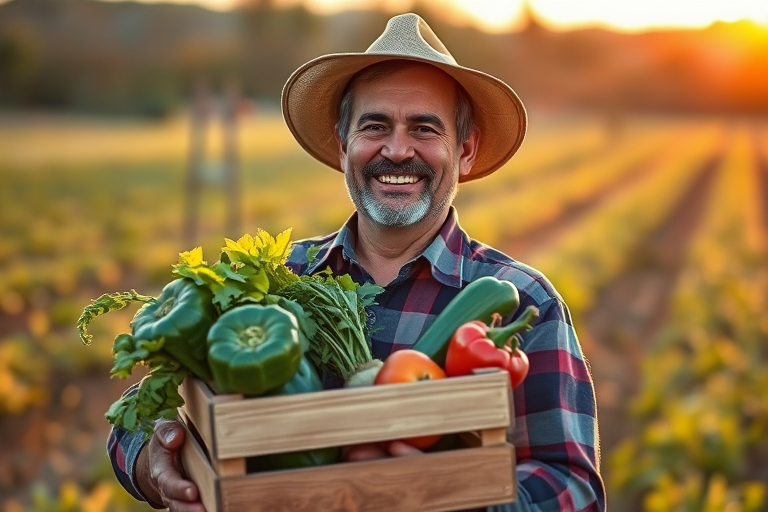 Capture a portrait of a smiling farmer holding a wooden crate filled with fresh vegetables in a sunlit field during golden hour with a shallow depth of field, using a DSLR camera with a 50mm lens, aperture set to f/1.8, ISO 100, and a warm color profile.
