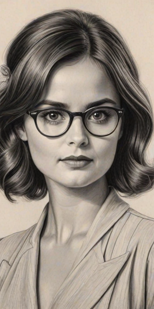 Enchanting Jenna-Louise Coleman, pencil sketch, portrait of Elegant woman 1939s in glasses, hair style beatnik, outline, clear lines, fine lines, 8k