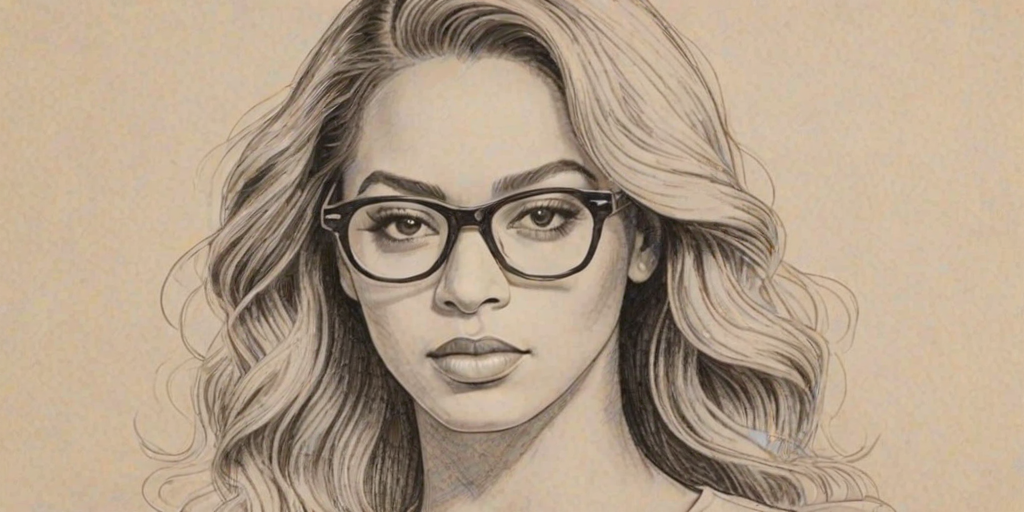 Magnificent Beyonc' Knowles, pencil sketch, portrait of Attractive woman 1926s in glasses, hair style beatnik, outline, clear lines, fine lines, 8k