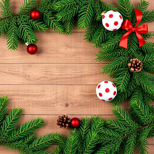Create an image of a rustic wooden table surrounded by green pine branches. Include a few pine cones and two Christmas ornaments: one red and one white with polka dots. The composition should have a cozy, festive feel, with a natural wood texture as the background.