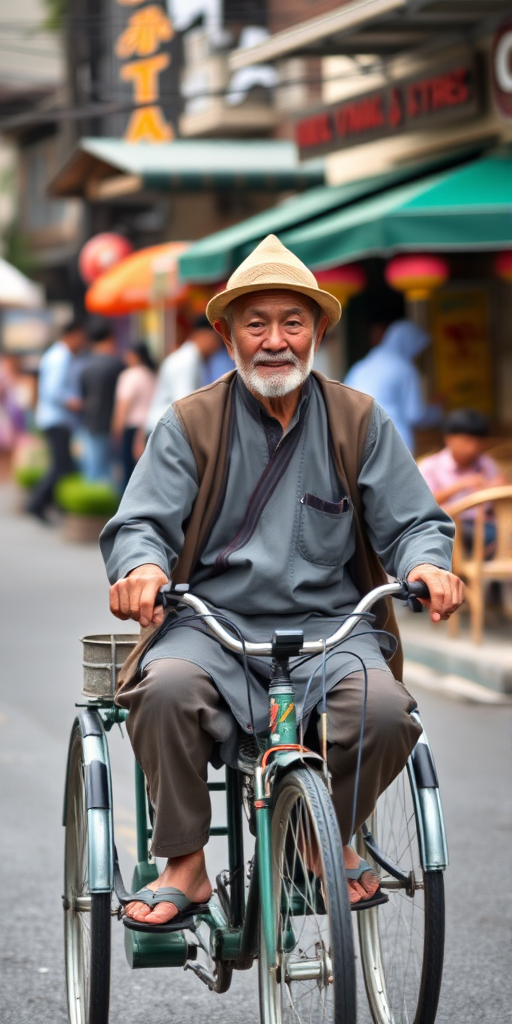 Capture a scene of an elderly man in traditional attire riding a tricycle through a lively street, with outdoor cafes and people in the background, using a Canon EOS R5, 50mm lens, f/2.8 aperture, ISO 100, natural light, and a slight bokeh effect to enhance the focus on the man while blurring the background.
