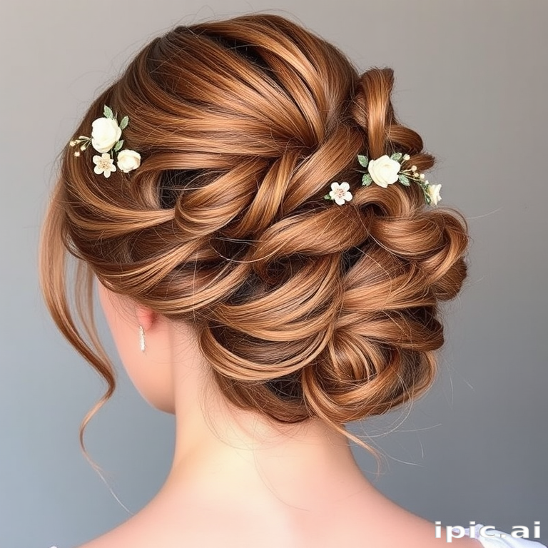 Romantic Rose Gold Updo featuring soft, loose curls pinned elegantly at the nape of the neck, adorned with delicate floral hairpins and wispy tendrils framing the face