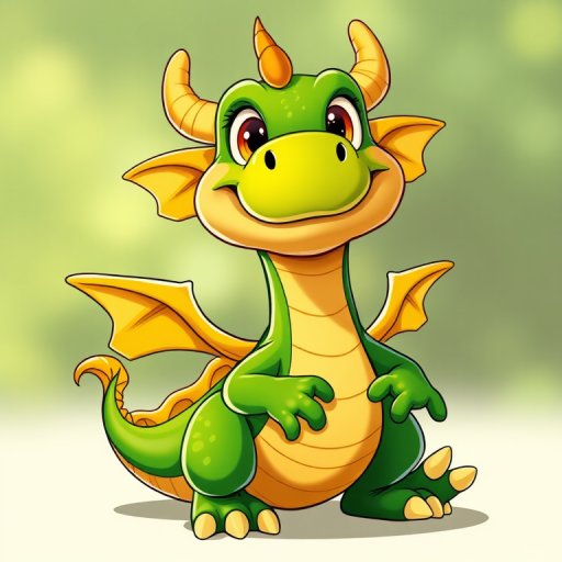 Create a vibrant cartoon-style image of a friendly green dragon with yellow accents, in a playful pose, captured with a DSLR camera, 50mm lens, f/2.8 aperture, ISO 100, natural lighting, front view and high resolution.