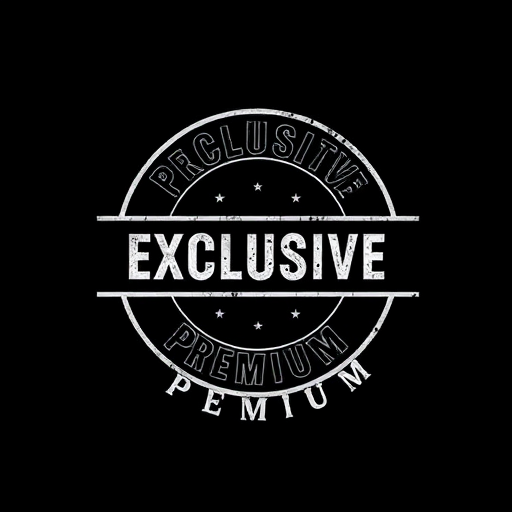 Create a high-resolution image of a circular stamp featuring the word "EXCLUSIVE" in bold letters across the center, with the words "PREMIUM" in smaller text above and below, designed with a modern aesthetic using a DSLR camera, f/2.8 aperture, ISO 100, 50mm lens, shot from a top-down view, employing softbox lighting for an even glow.