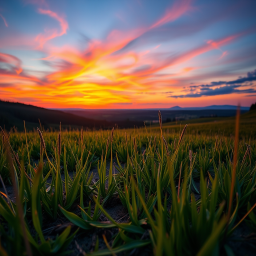 Create a highly detailed close-up of a serene landscape scene at sunset with vibrant colors, using a Canon EOS 5D Mark IV, f/4 aperture, ISO 100, 1/200s shutter speed, capturing a wide-angle view from a low perspective.