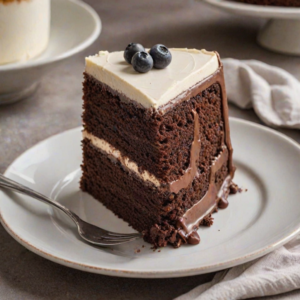 Create an image of a slice of cake on a white plate. The cake should have multiple layers, including white cake and chocolate cake, with thick frosting on top. The background should be bright and simple to emphasize the cake.