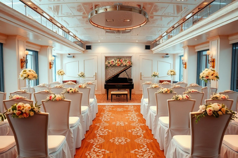 Regenerate a wedding reception scene in a luxurious ship atrium with elegantly arranged white chairs, floral decorations, and a grand piano in the background; use a DSLR camera, f/2.8 aperture, ISO 100, 24mm lens, top-down view, and warm lighting for enhanced color and detail.