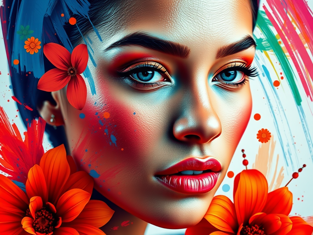 Create a vibrant portrait of a woman's face with colorful abstract brushstrokes and floral elements, using a Canon EOS R5 with a 50mm f/1.2 lens, ISO 100, aperture f/1.8, shutter speed 1/200s, shot in studio lighting for clarity and detail.