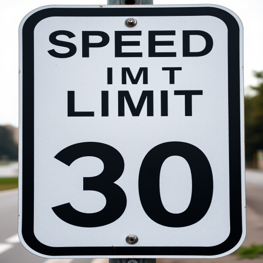 Create a high-resolution image of a speed limit sign displaying "SPEED LIMIT 30" with a clean white background and bold black text, captured with a DSLR camera, ISO 100, aperture f/8, shutter speed 1/200 sec, landscape orientation, and soft natural lighting.