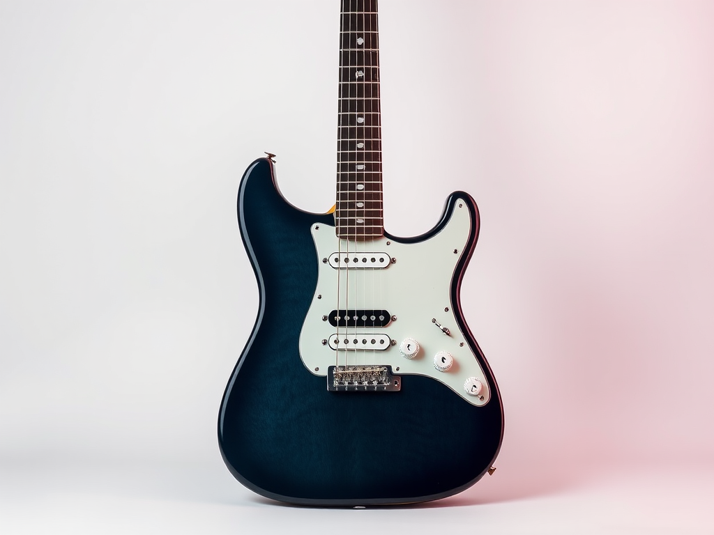 Create a high-resolution image of an electric guitar in a minimalistic style, using a Canon EOS R5 camera with a 50mm lens, aperture set to f/2.8, ISO 100, shot from a front view against a plain background for enhanced contrast and clarity.