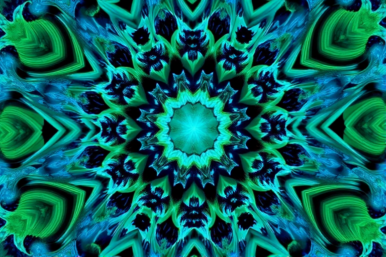 Create a high-resolution fractal art image of a cosmic design with intricate patterns of blue and green, using a DSLR camera with a 50mm lens, aperture f/1.8, 1/60s shutter speed, ISO 100, shot from a symmetrical overhead view in vibrant colors and deep contrast.