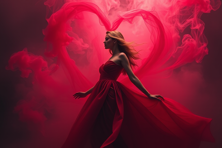 a graceful figure in a flowing red dress surrounded by wispy red and pink smoke forming a heart shape, soft focus, 85mm lens, f/1.8 aperture, ISO 200, low light setting, portrait orientation, cinematic lighting, DSLR camera