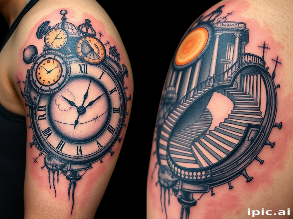 Surrealist tattoo called "Dreamscape Fusion" blending elements of Salvador Dali's melting clocks with M.C. Escher's impossible staircases, creating a mind-bending and thought-provoking design that challenges the viewer's perception of reality, perfect for art enthusiasts and those who enjoy pushing the boundaries of conventional tattoo aesthetics.