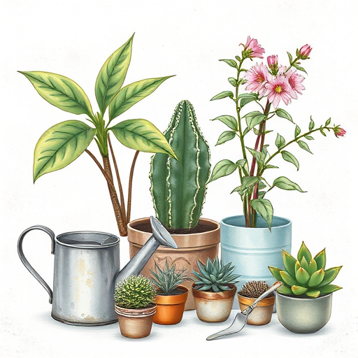 Create a detailed illustration of various plants including a leafy houseplant, a cactus with flowers, and small succulents, arranged with a vintage watering can and a small gardening trowel, use a soft color palette and textured background, high-resolution digital art, camera settings: f/4.0, ISO 100, 1/60 sec, camera view: close-up, camera style: natural light, camera type: DSLR.