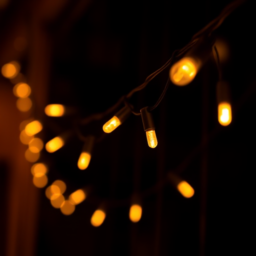string lights illuminated against a dark background, focus on vibrant glowing lights, shallow depth of field, aperture f/2.8, ISO 100, 1/60 sec, taken with a DSLR camera, top-down view, warm color grading