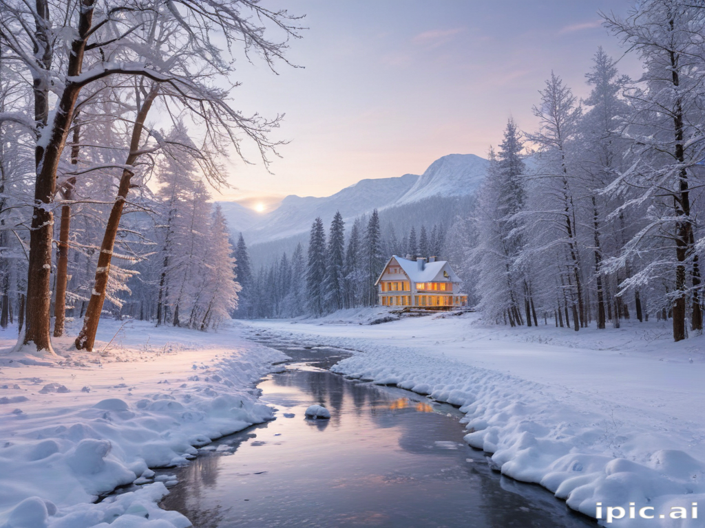A Serene Winter Scene Featuring a Cozy House by a Snowy Riverbank.