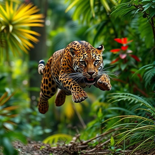 high-quality image of a jaguar leaping through a lush jungle scene with vibrant foliage, sharp focus, 85mm lens, f/2.8 aperture, ISO 200, natural lighting, DSLR camera, capturing dynamic motion and detail