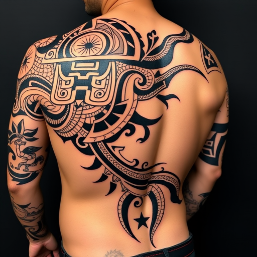 Fierce neo-polynesian tribal tattoo with bold black lines and intricate patterns, incorporating traditional symbols and modern elements, flowing from shoulder to hip in a powerful display