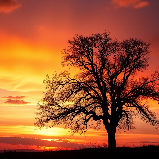 Create a high-resolution image of a stylized tree silhouette against a vibrant sunset sky, using a DSLR camera at f/8 aperture, ISO 100, 1/125 shutter speed, capturing a wide-angle view for depth and detail.