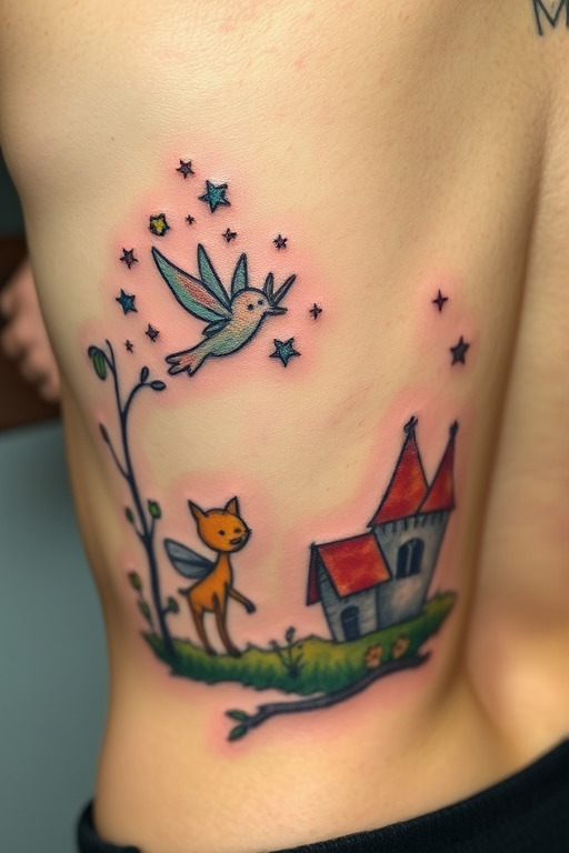 Illustrative tattoo depicting a whimsical fairy tale scene on the ribs, with soft pastel colors and storybook-like linework and shading