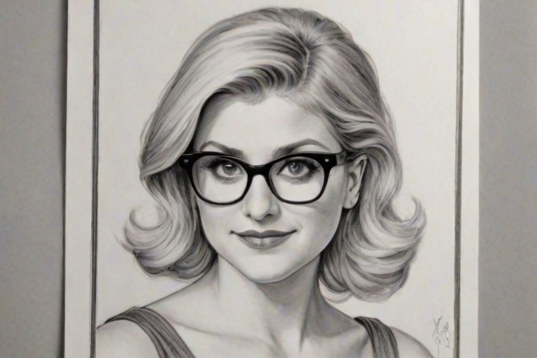 Exquisite Annaleigh Ashford, pencil sketch, portrait of Ravishing woman 1955s in glasses, hair style beatnik, outline, clear lines, fine lines, 8k