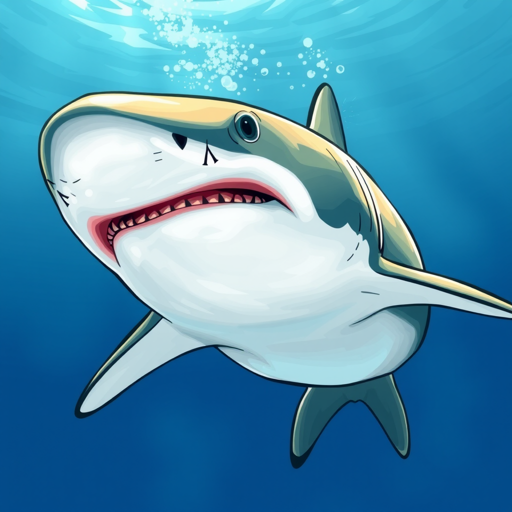 Create a high-resolution, detailed illustration of a shark using a DSLR camera with a 50mm lens, f/2.8 aperture, ISO 100, shot from a slightly elevated angle with natural lighting to enhance the image quality and clarity.