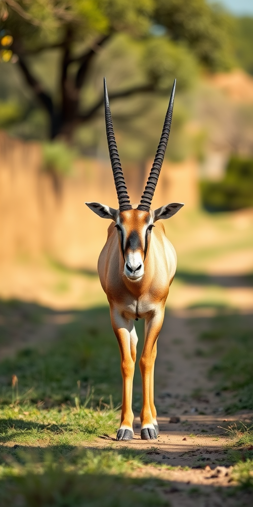 regenerate a high-quality image of an oryx walking in a natural setting, using a 50mm lens, f/2.8 aperture, ISO 200, with a shallow depth of field, taken from a low angle view, with natural sunlight, in RAW format for enhanced detail