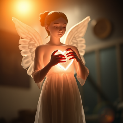 Create an ethereal image of a figure resembling a serene and loving character holding a glowing heart, illuminated with radiant light, captured from a low-angle view using a DSLR camera with a 50mm lens at f/1.8, ISO 100, and a soft-focus background to enhance the divine quality.
